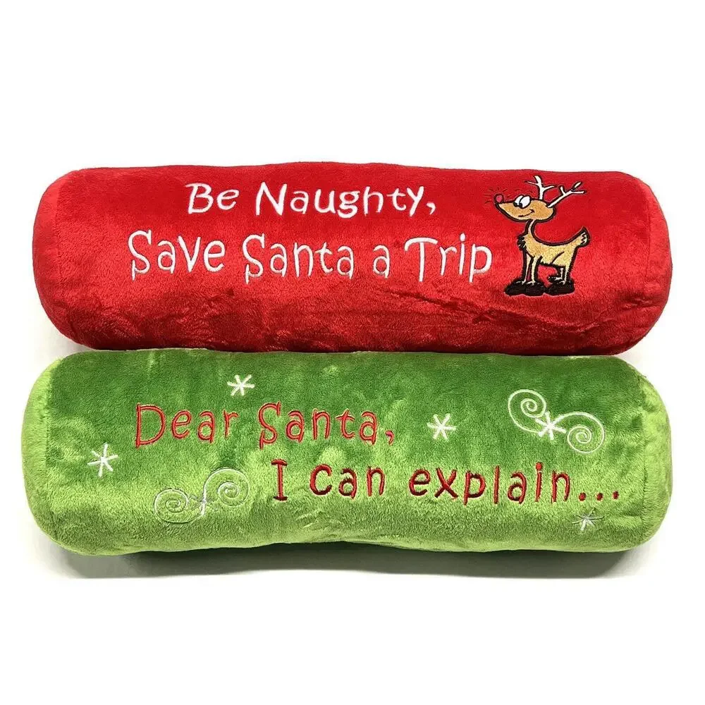 Lot Of 2 Christmas Decor Pillows Cylinder Shaped 17”x6” Y2K Naughty Dear Santa